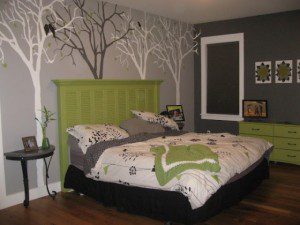 headboard on a bed using wooden shutters